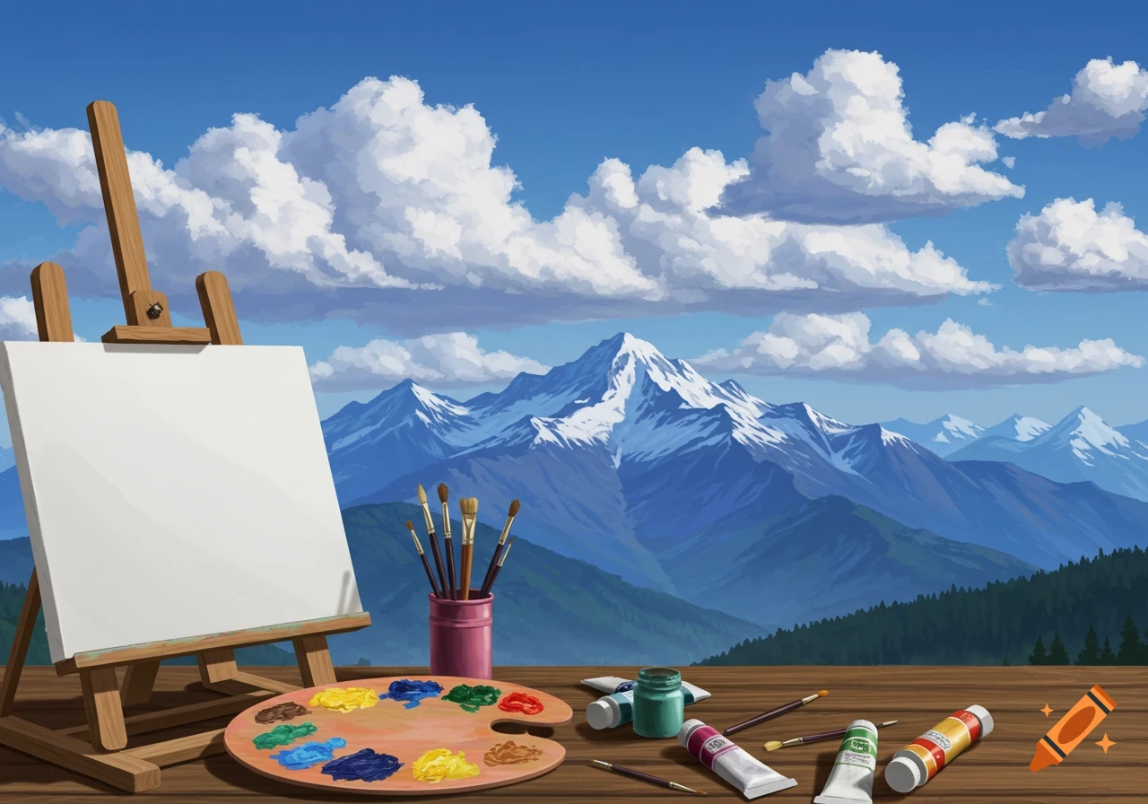 An easel with a blank canvas, paint supplies, and a palette sit on a table overlooking mountains and a cloudy sky.
