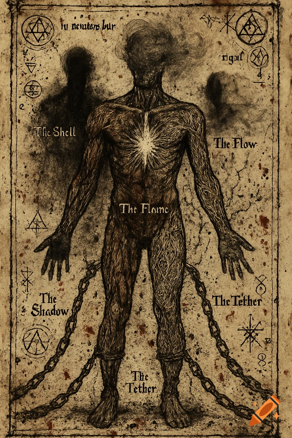 Dark pen-and-ink anatomical diagram on aged paper, figure with exposed musculature, chains, arcane symbols, and labels.