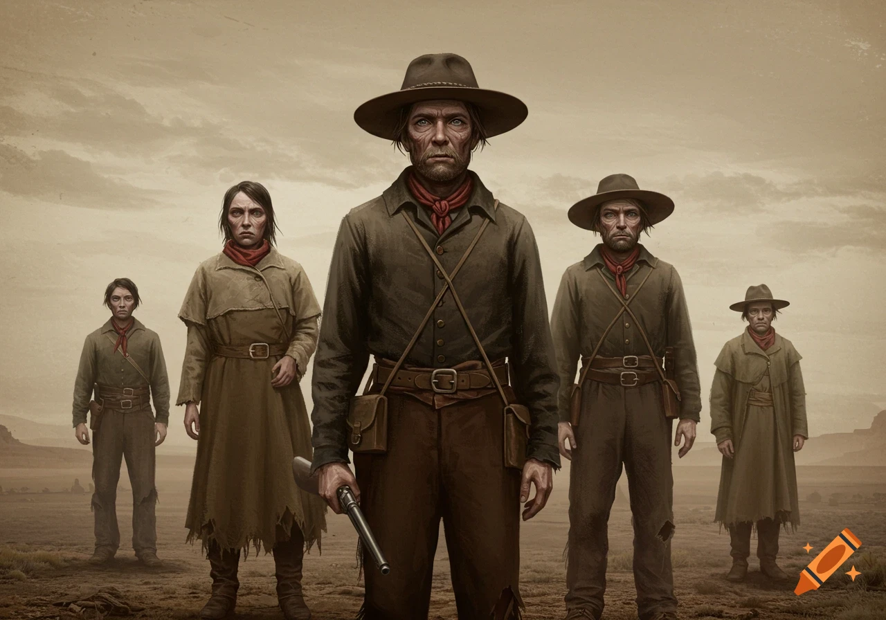 Group of gaunt pioneers or settlers standing in a dry, desolate landscape.