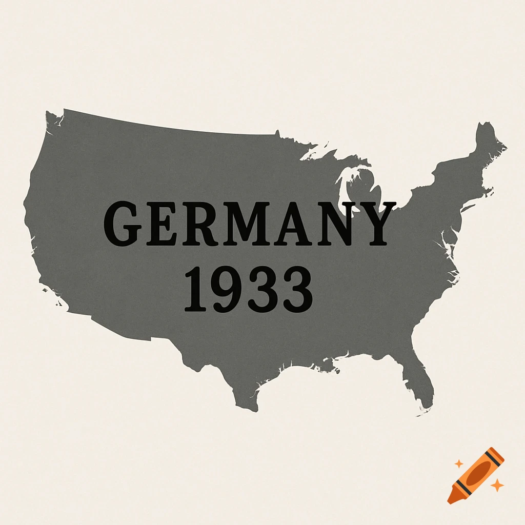A gray silhouette map of the United States with the text "GERMANY 1933" overlaid in black letters.