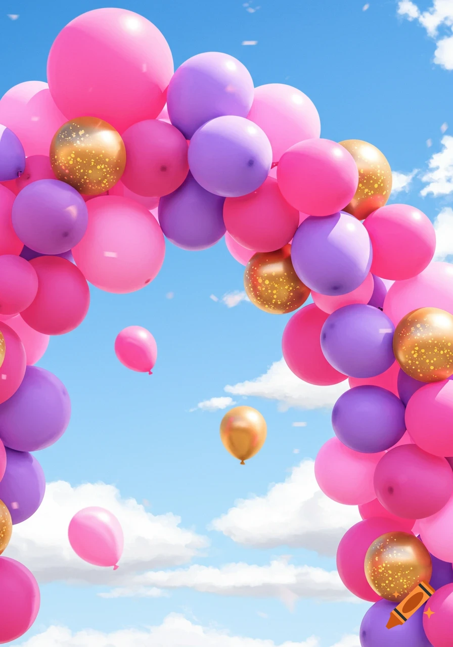 Pink, purple, and gold balloon arch against a blue sky with clouds.