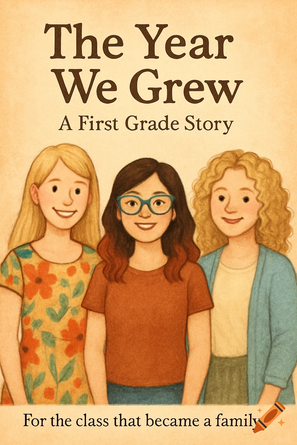 Illustration of a book cover showing three smiling young women or girls. Text says "The Year We Grew: A First Grade Story" and "For the class that became a family."