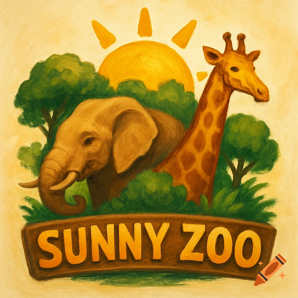 Illustration of an elephant and giraffe behind a 'SUNNY ZOO' sign with trees and sun in a painterly style.