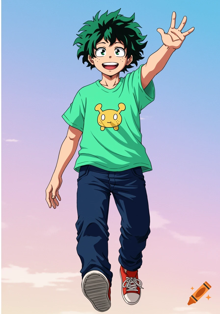 Anime drawing of Izuku Midoriya smiling and waving while looking up, wearing a green shirt with a yellow logo and jeans.