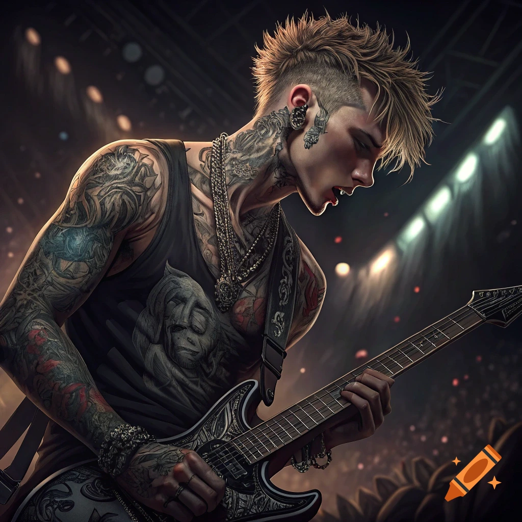 Heavily tattooed person playing electric guitar on stage with spotlights.