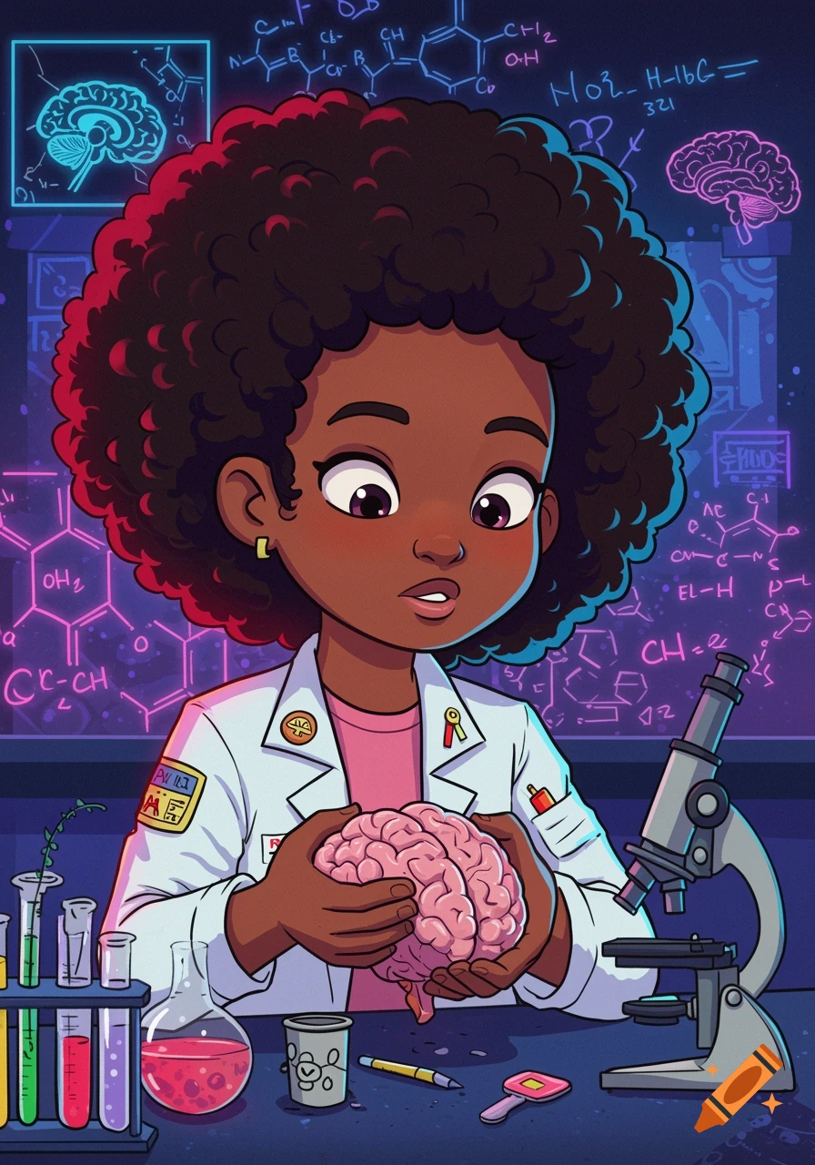 a cartoon STEM black girl in neuroscience