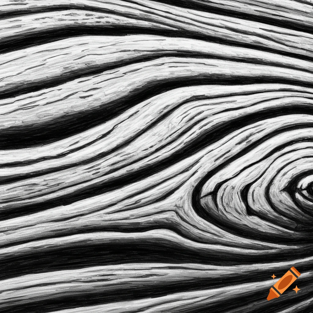 Close-up of swirling black and white wood grain texture.