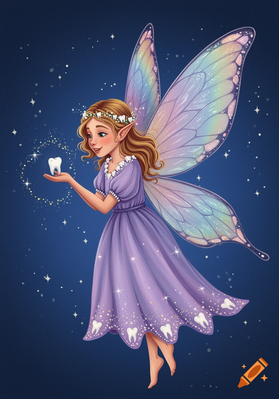 Illustration of a tooth fairy in a purple dress holding a sparkling tooth  against a starry blue background. on Craiyon