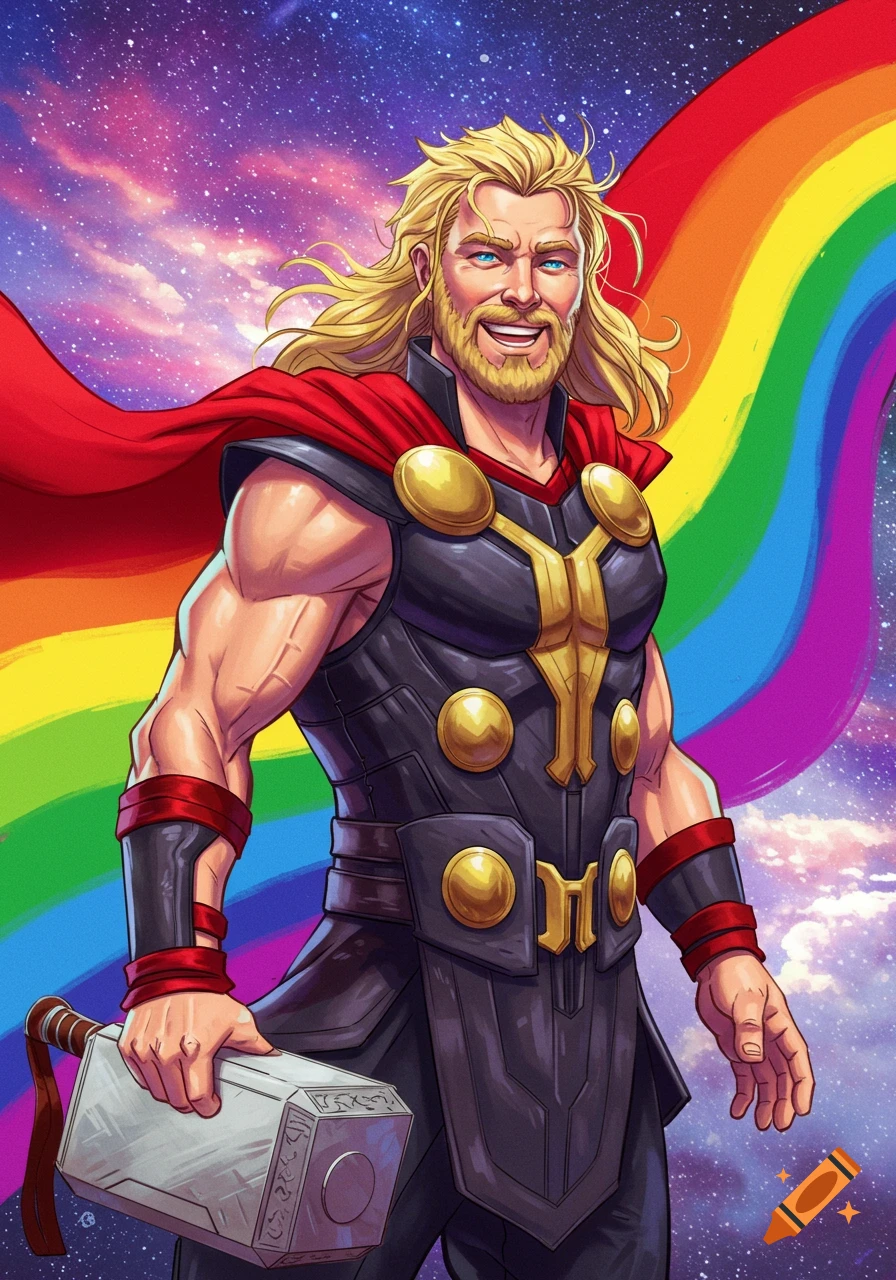 Illustration of Thor holding Mjolnir in front of a cosmic sky and large rainbow flag