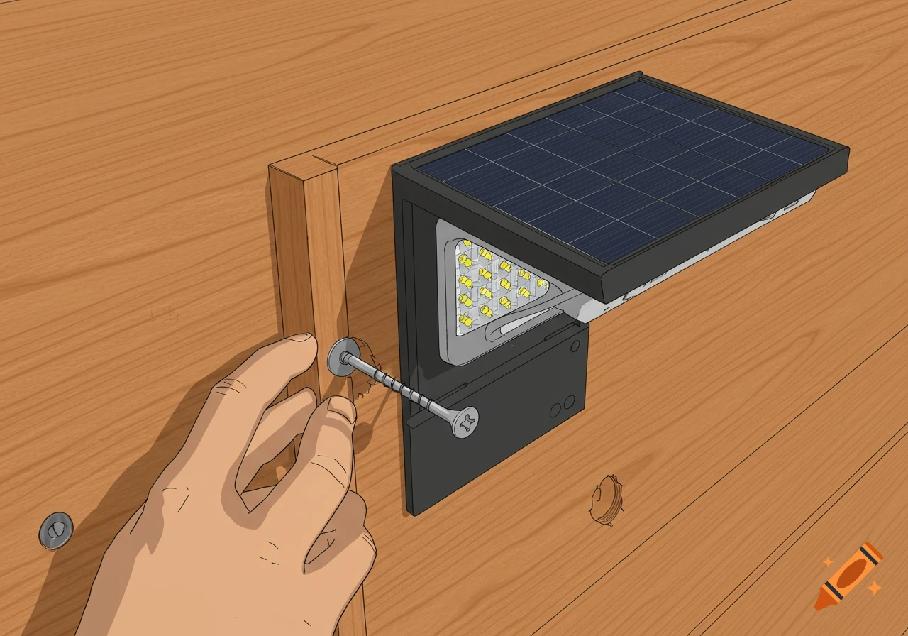 Hand screwing a solar lamp onto a wooden wall, illustration