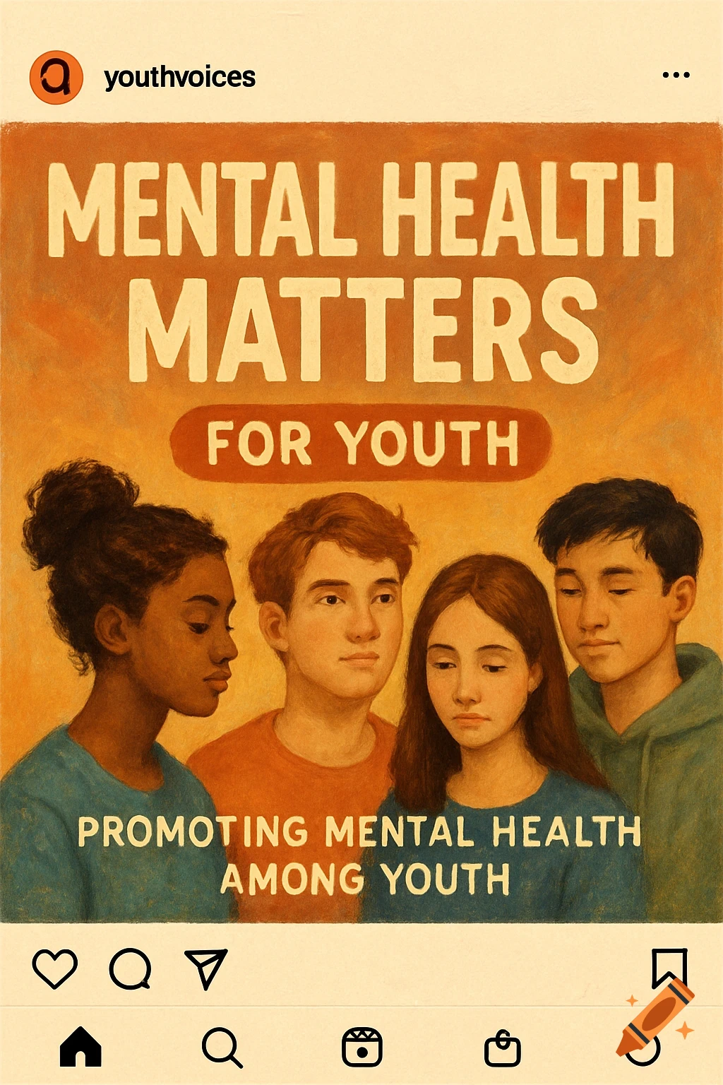 Illustration of four young people with text 'Mental Health Matters For Youth' in an Instagram post style.