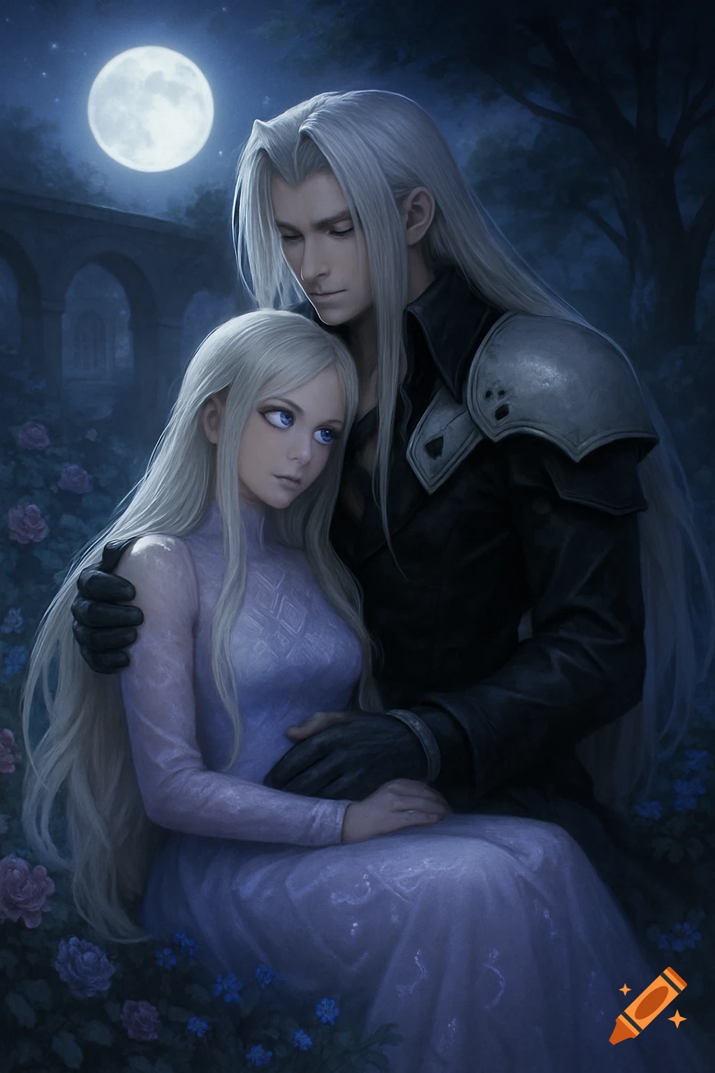Semi-realistic digital painting of Sephiroth embracing a blonde woman in a moonlit garden.