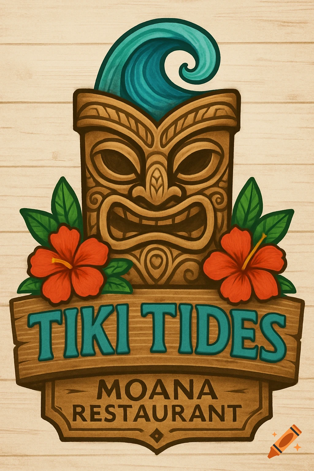 Illustration of a Tiki Tides Moana Restaurant sign featuring a tiki mask, hibiscus flowers, and a wave motif.