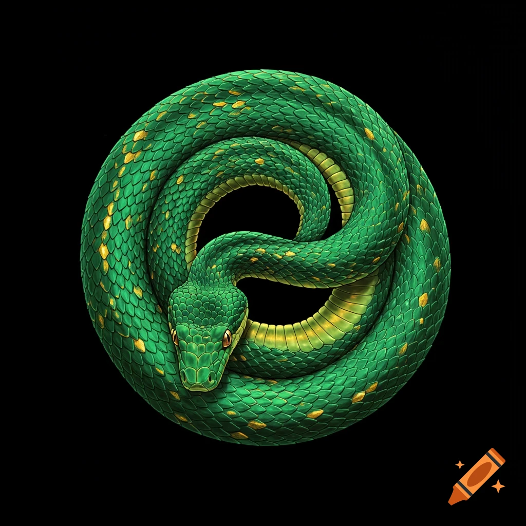 A vibrant green snake with yellow spots curled into a circle on a black background.