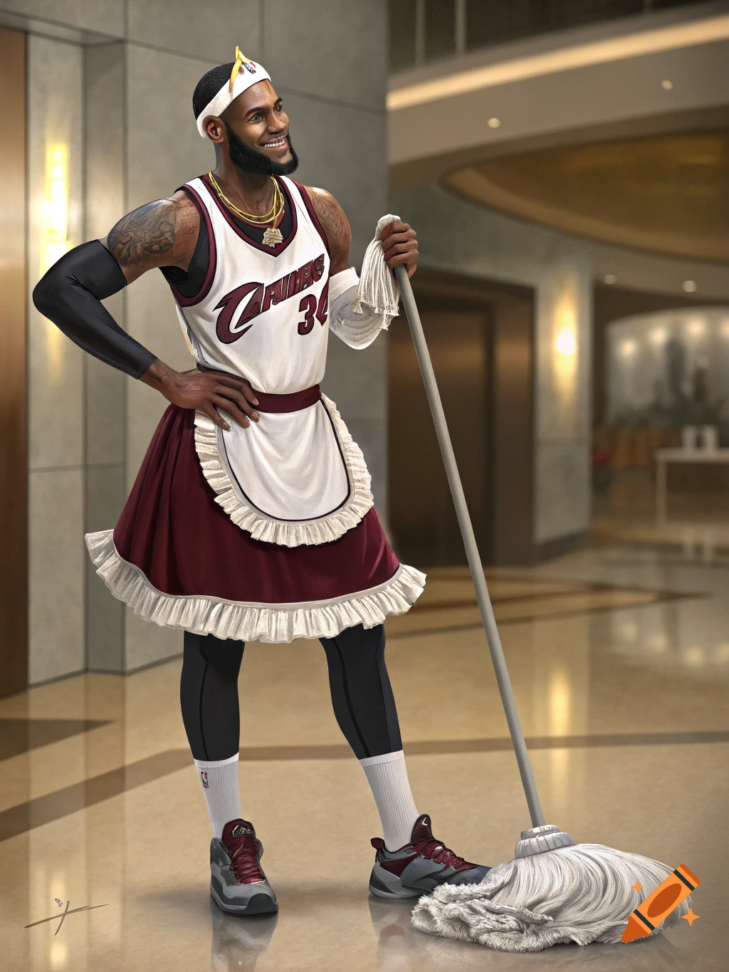 LeBron James in a maid costume holds a mop in a hotel lobby