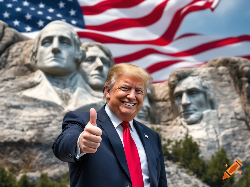 Donald Trump smiles and gives a thumbs up in front of Mount Rushmore with his face on it and an American flag.