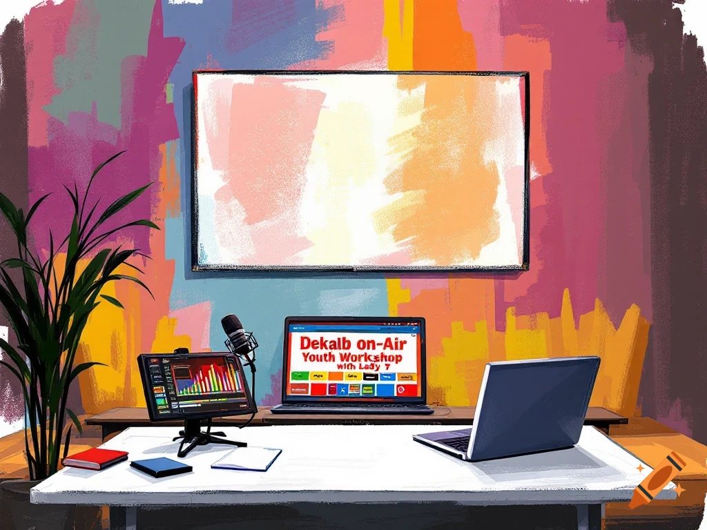 Illustration of a desk with a laptop showing workshop text, a microphone, and a control panel against a colorful wall.