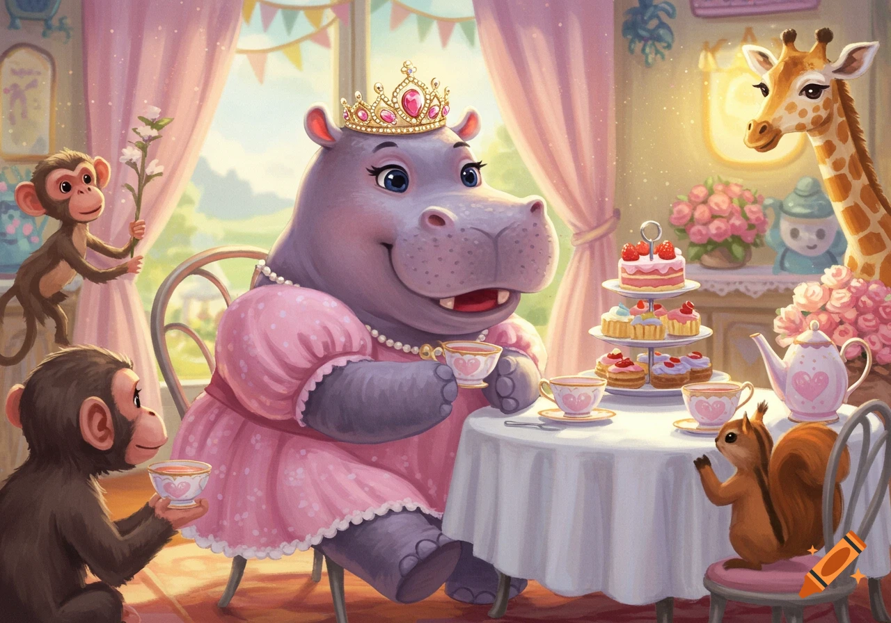 A cartoon hippo in a crown and pink dress has tea with monkeys, a giraffe, and a squirrel.