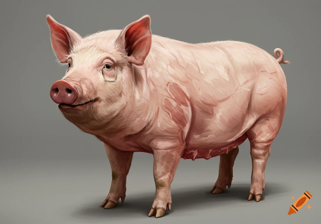 Detailed illustration of a pink pig standing and looking left.