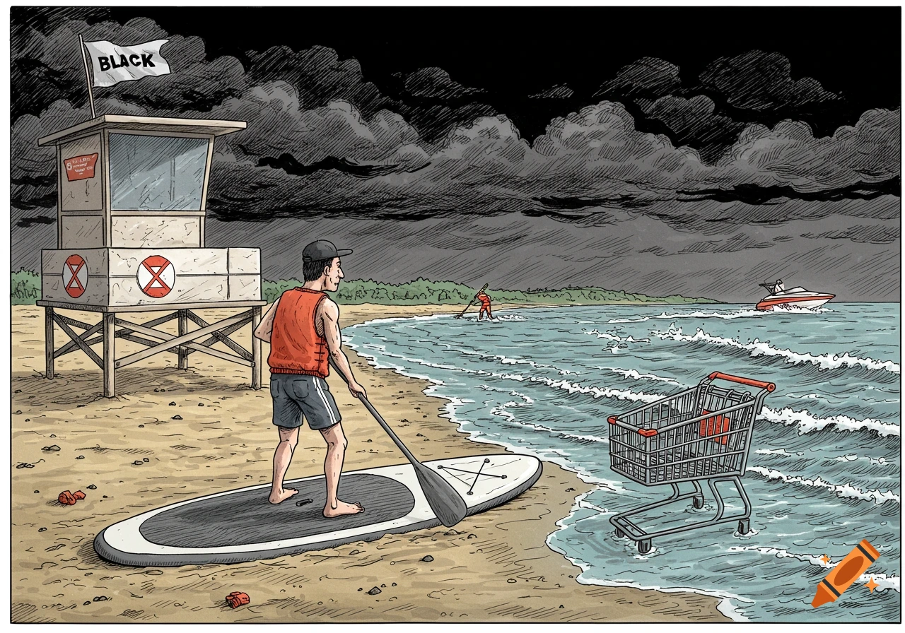 Drawing of a man on a paddleboard next to a shopping cart in the ocean under a stormy sky.