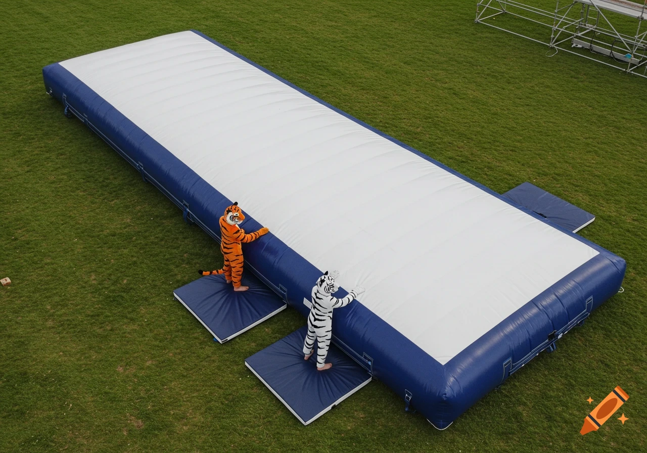 People in tiger costumes stand on landing mats next to a large inflatable stunt airbag on grass.