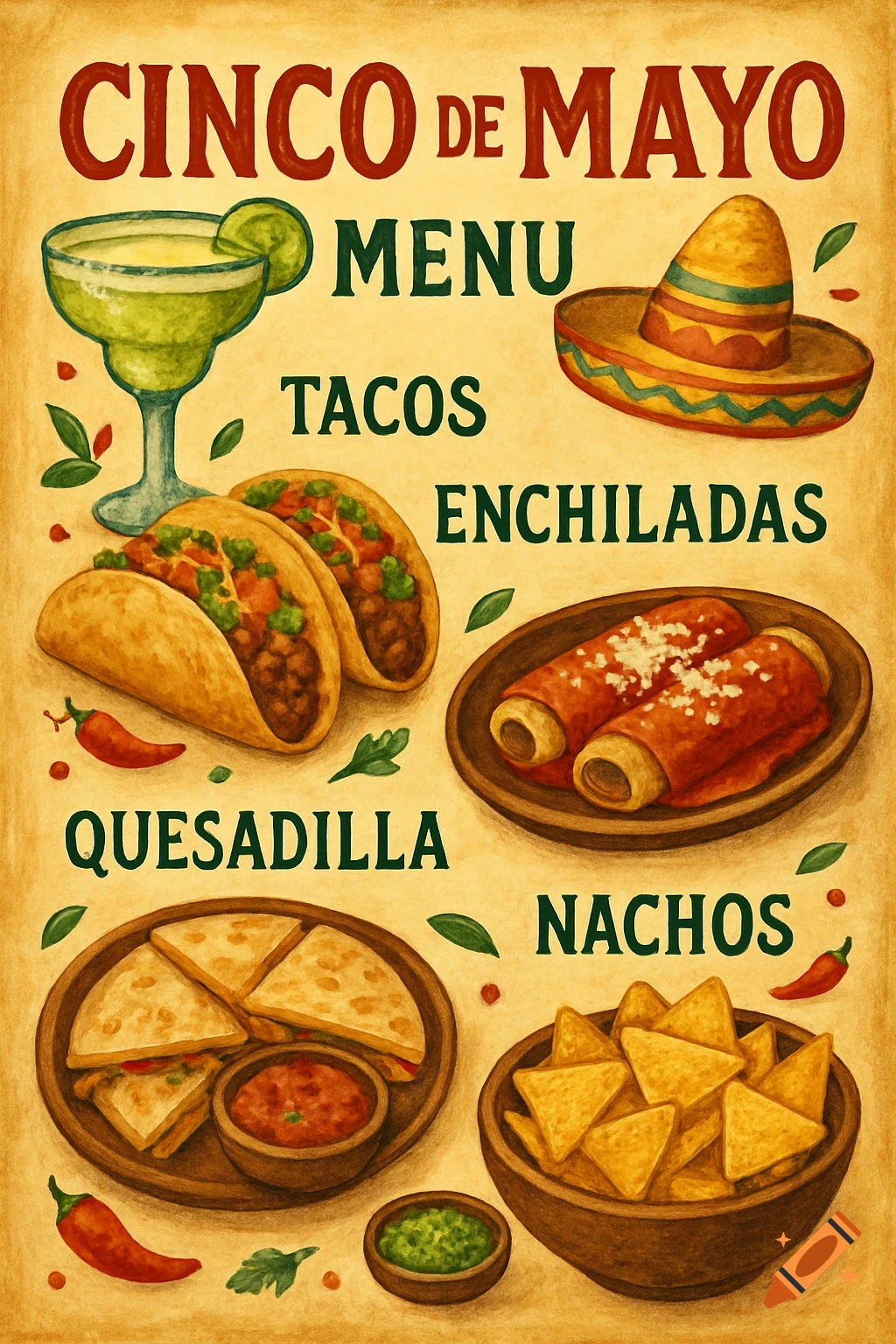 A watercolor illustration of a Cinco de Mayo menu featuring tacos, enchiladas, quesadillas, nachos, and a margarita.