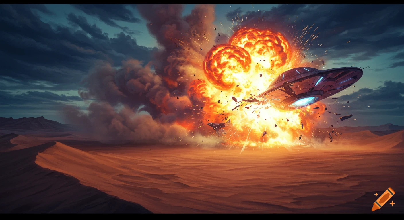 A UFO explodes over a desert landscape at twilight, digital painting.