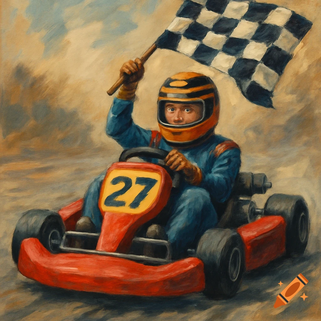 Painting of a person in a go-kart holding a checkered flag with the number 27 on the front.