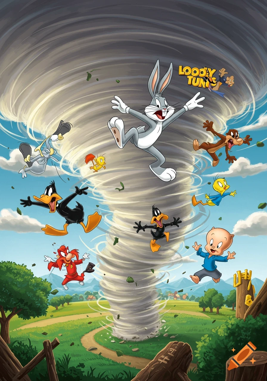 Looney Tunes characters including Bugs Bunny, Daffy Duck, Porky Pig, Tweety, Yosemite Sam, Road Runner, and Wiley Coyote are swept up in a large tornado.