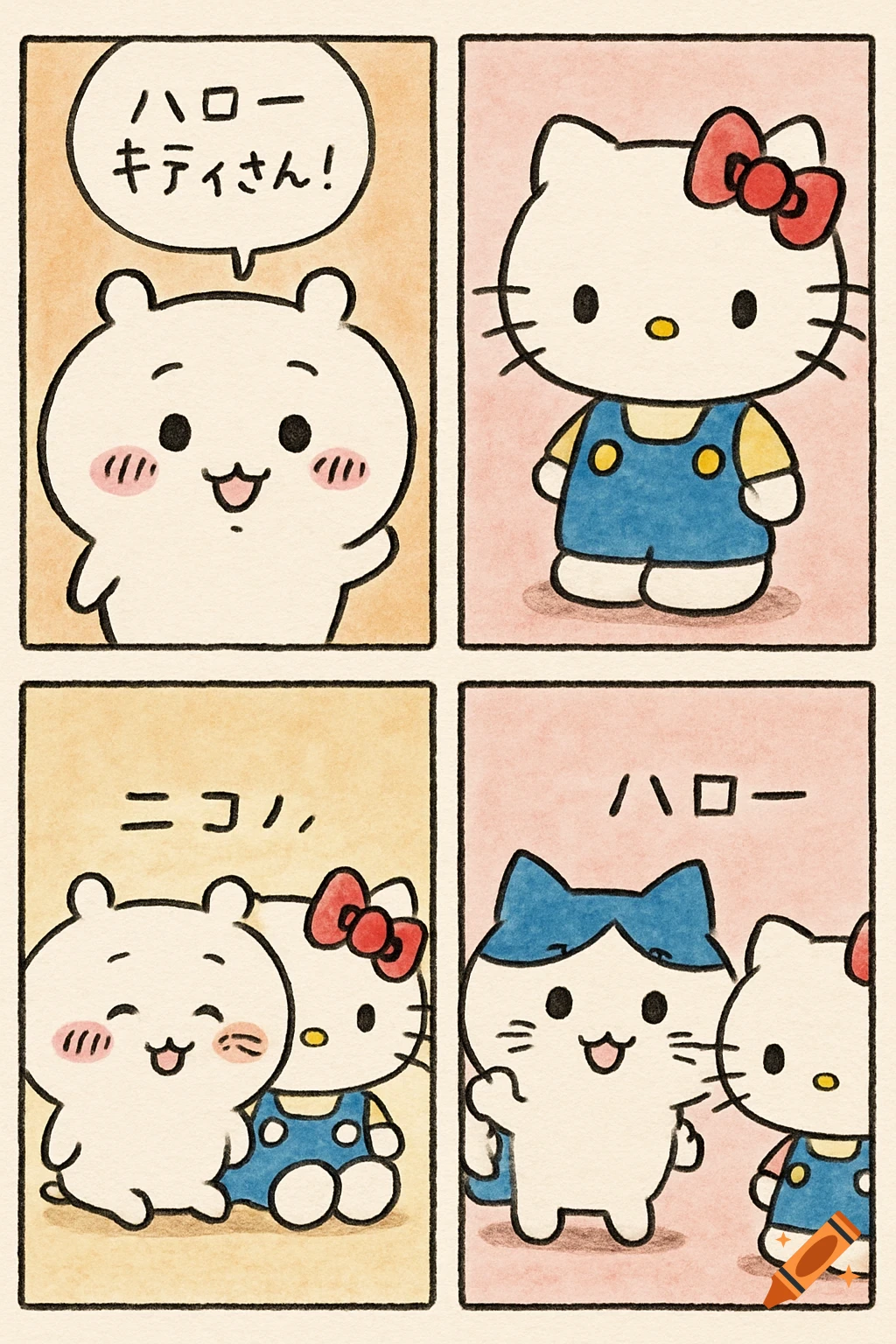 Four panel comic strip with Chiikawa and Hello Kitty meeting, in a hand-drawn style.