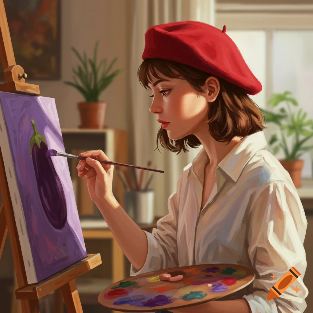 A woman in a red beret paints an eggplant on a canvas.