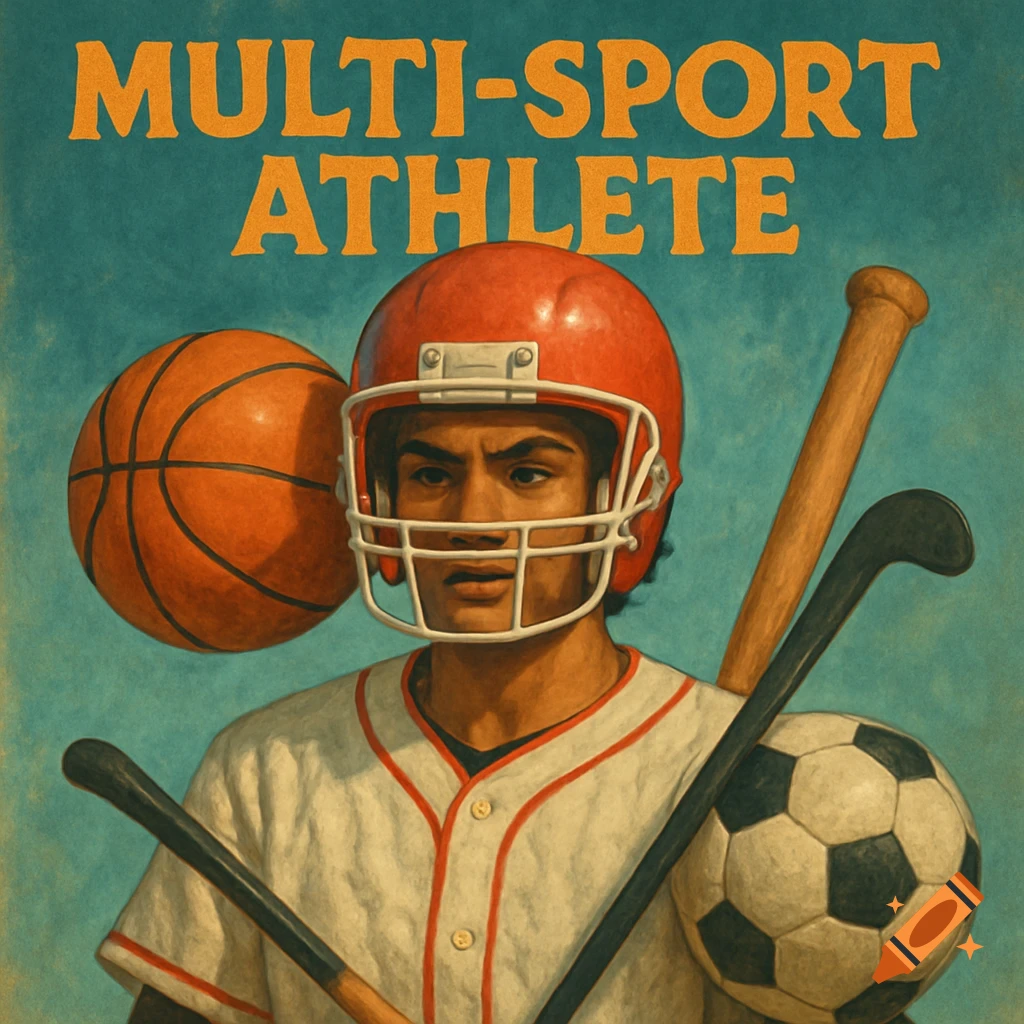 Person in a sports helmet surrounded by sports balls and equipment, text reads MULTI-SPORT ATHLETE, vintage style.
