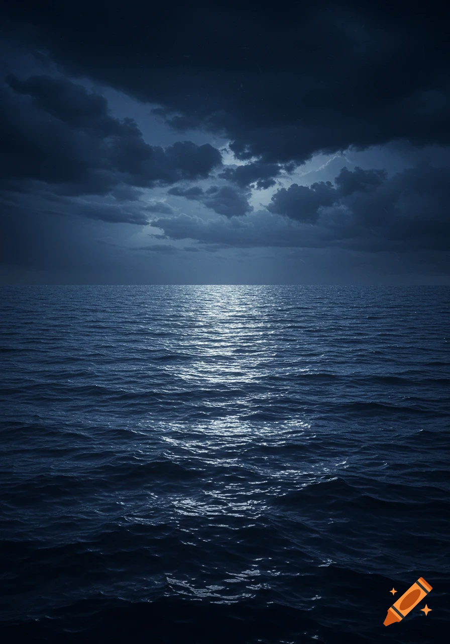 A dark, stormy ocean with moonlight reflecting on the water.