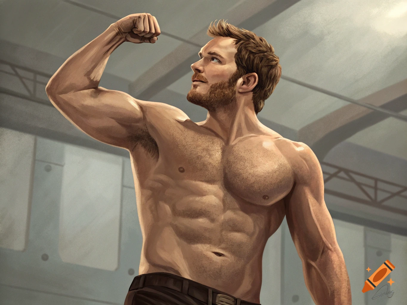 Digital painting of a muscular man flexing his bicep.