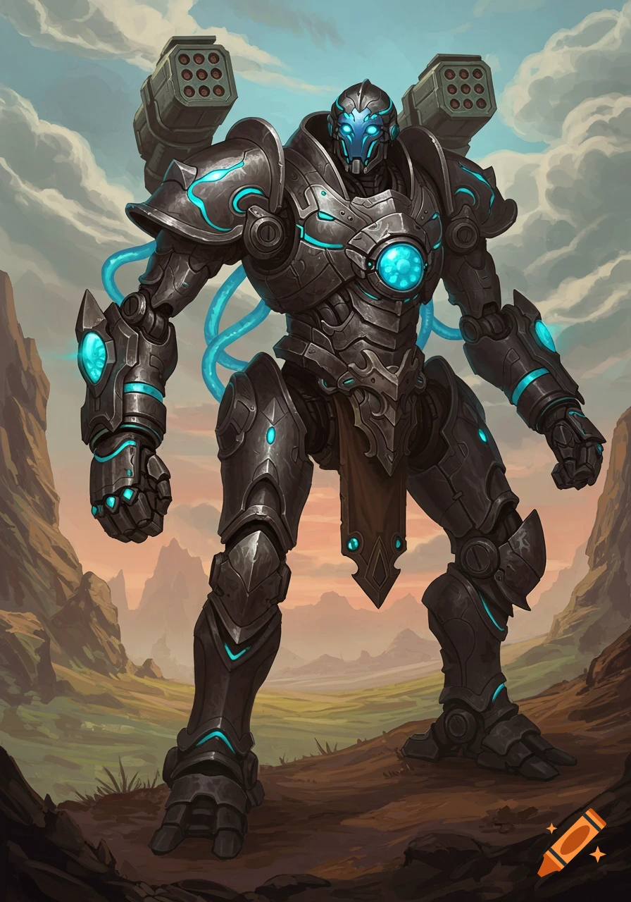 A large dark fantasy mecha robot with glowing blue lights and shoulder missiles stands in a rocky landscape.