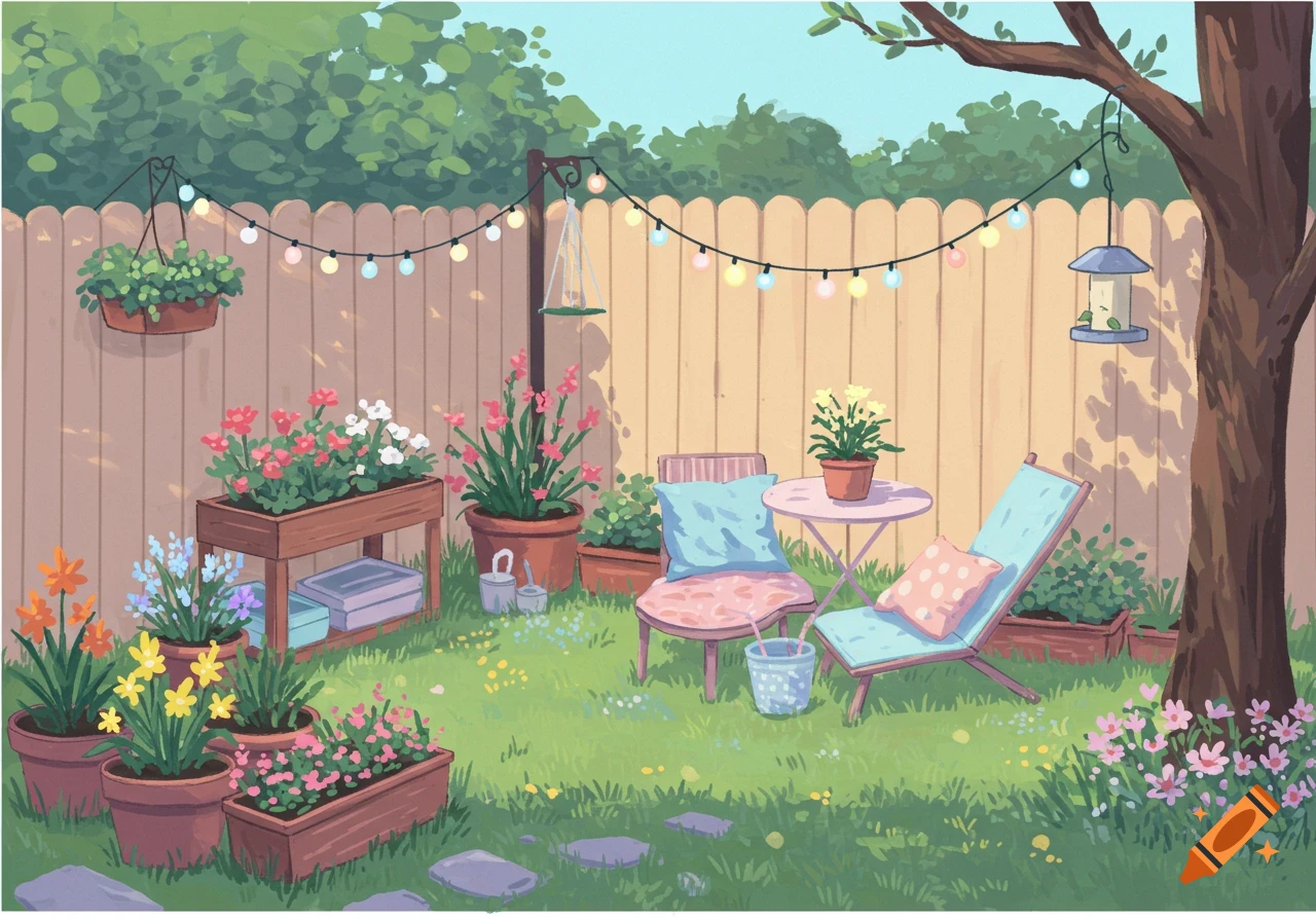 An illustration of a cozy backyard garden with potted plants, chairs, and string lights.