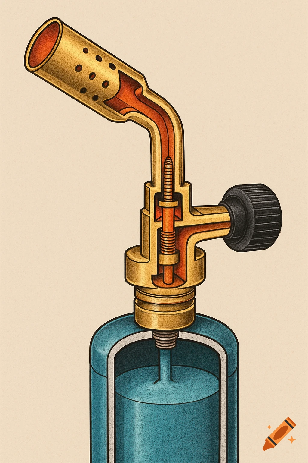 Cutaway technical illustration of a torch lighter and propane bottle