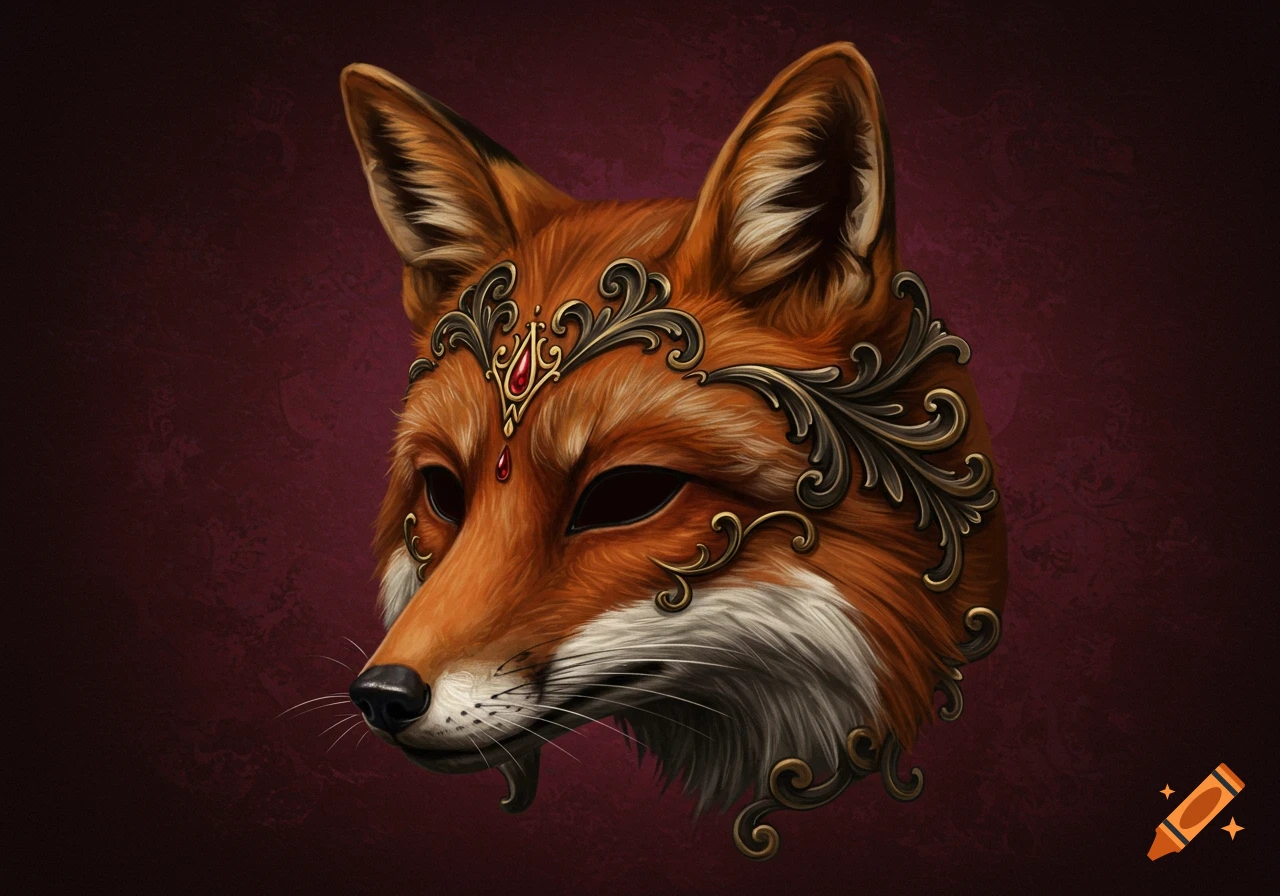 Headshot of a fox wearing an elaborate gold and ruby Victorian-style mask against a red background.