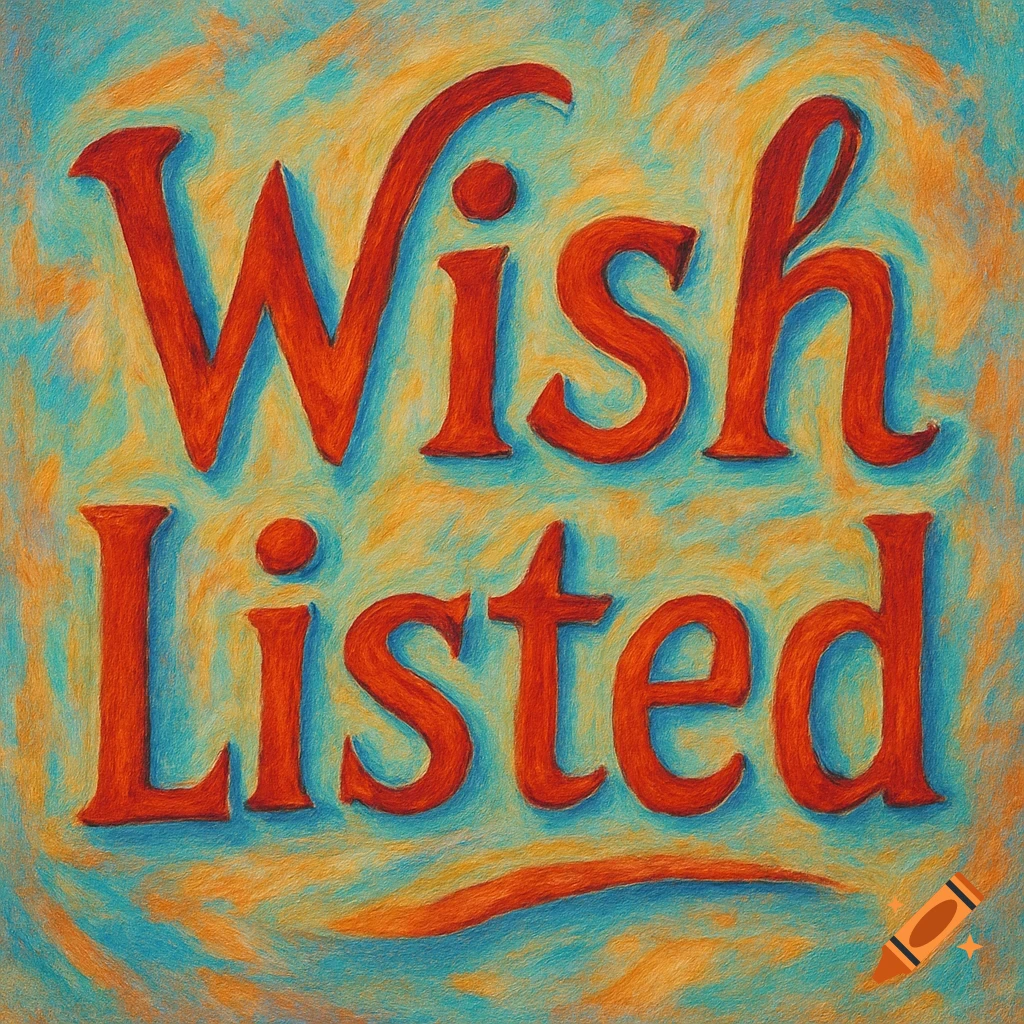 The words "Wish Listed" in red block letters, rendered in a textured, painterly style with a swirling blue and orange background.