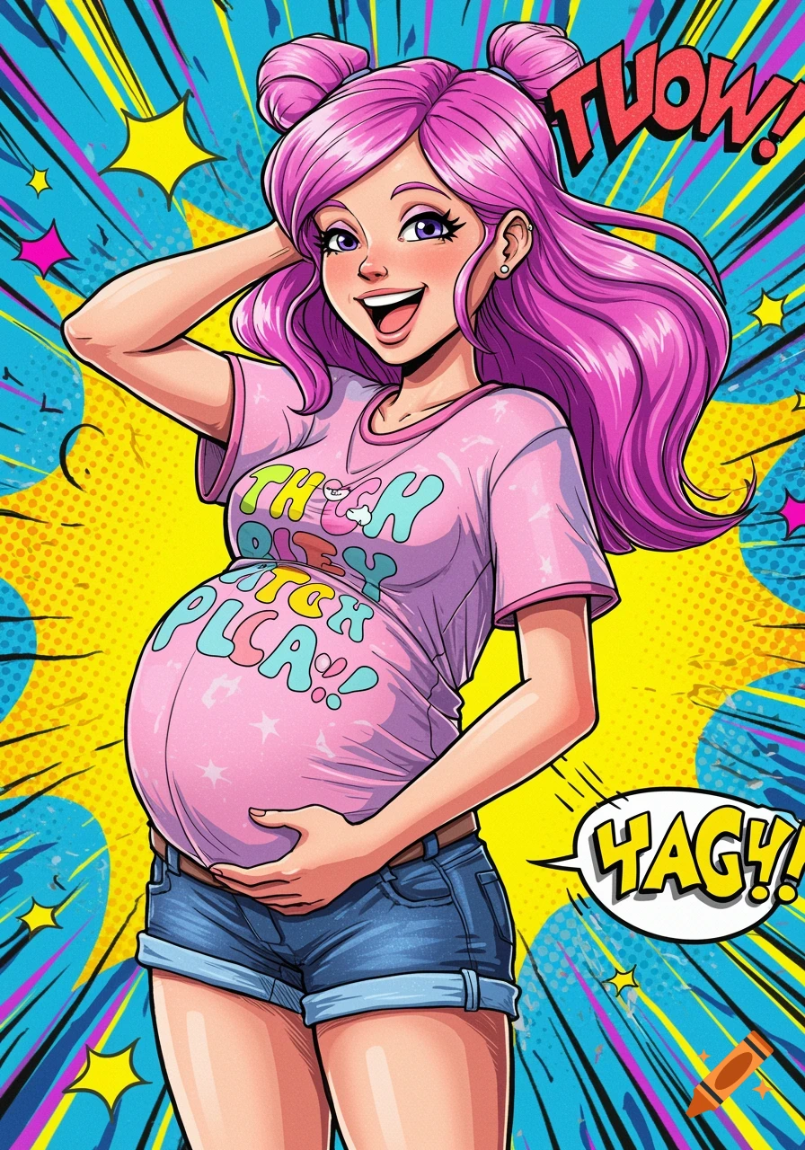 Comic style illustration of a smiling pregnant woman with pink hair.