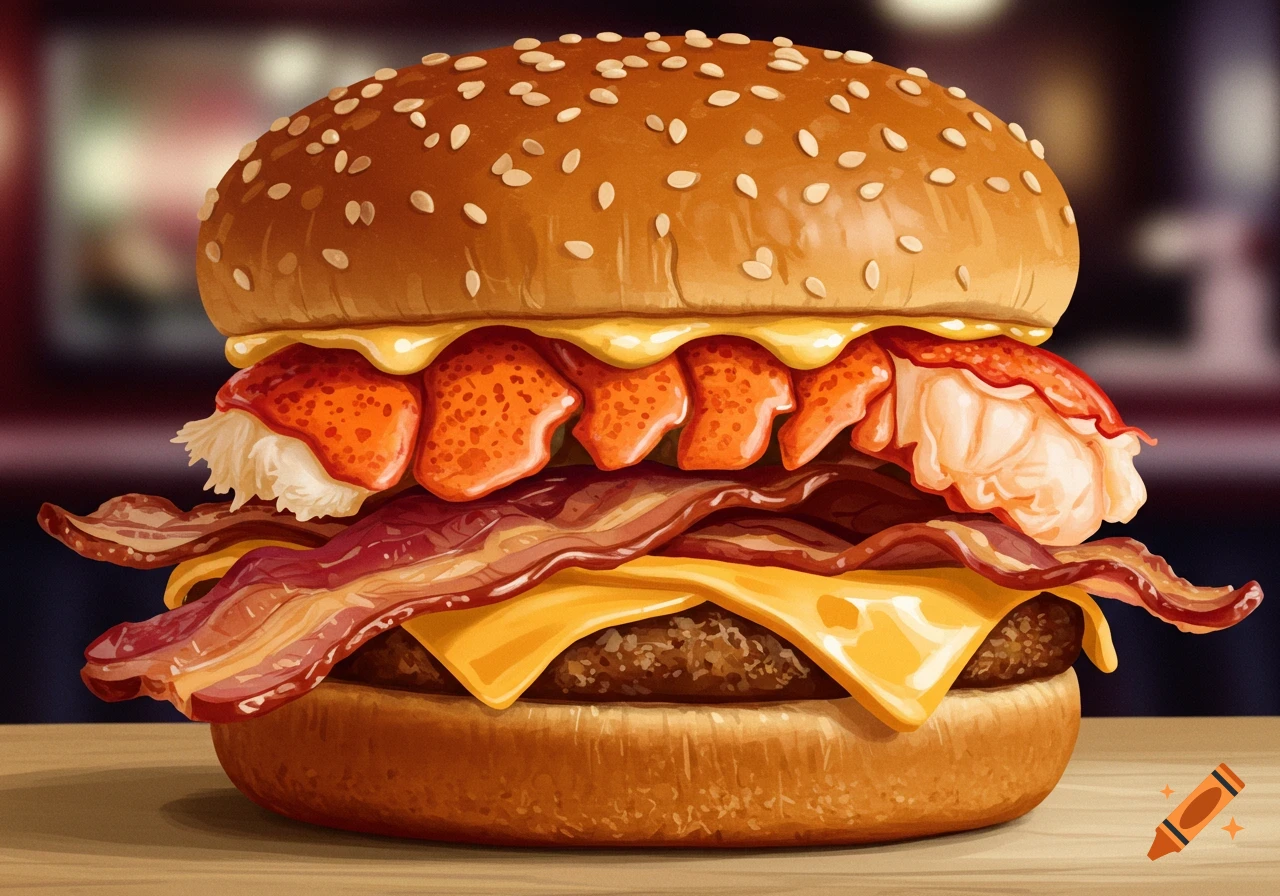 Close-up illustration of a large burger with bacon, lobster, and cheese.
