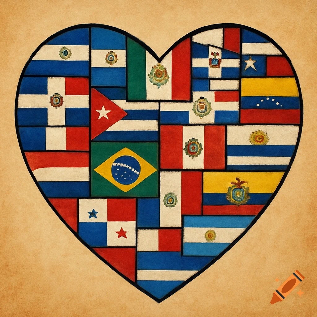 A heart shape filled with a mosaic of different national flags.