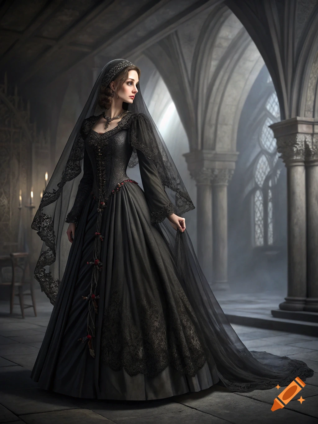A woman in a black gothic dress and veil stands in a grand, vaulted ...