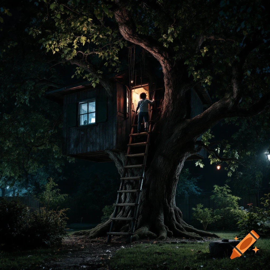 A child climbs a ladder to a lit treehouse in a dark backyard at night. Photorealistic.