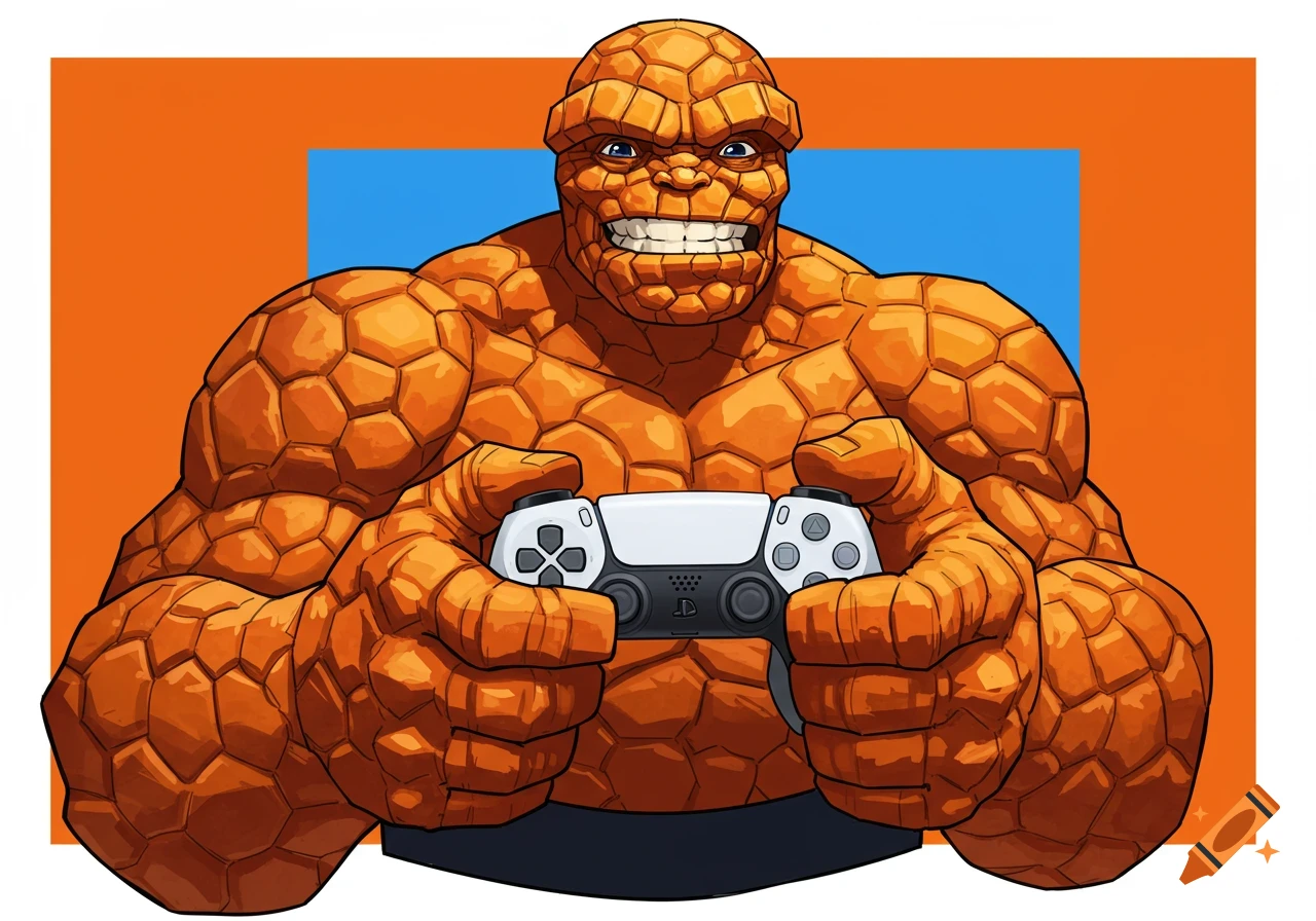 Marvel's The Thing holding a PlayStation controller.