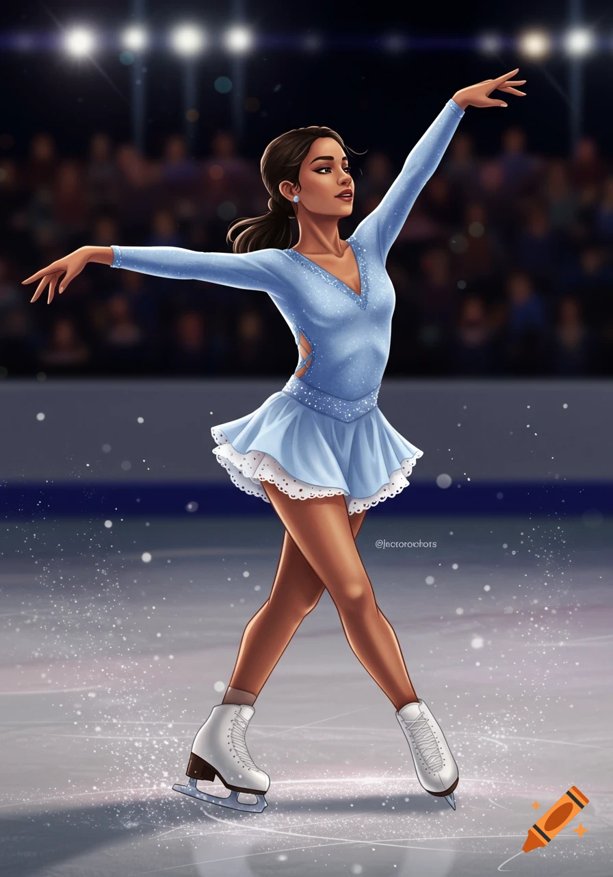 Digital illustration of a figure skater in a blue costume performing a pose on the ice.