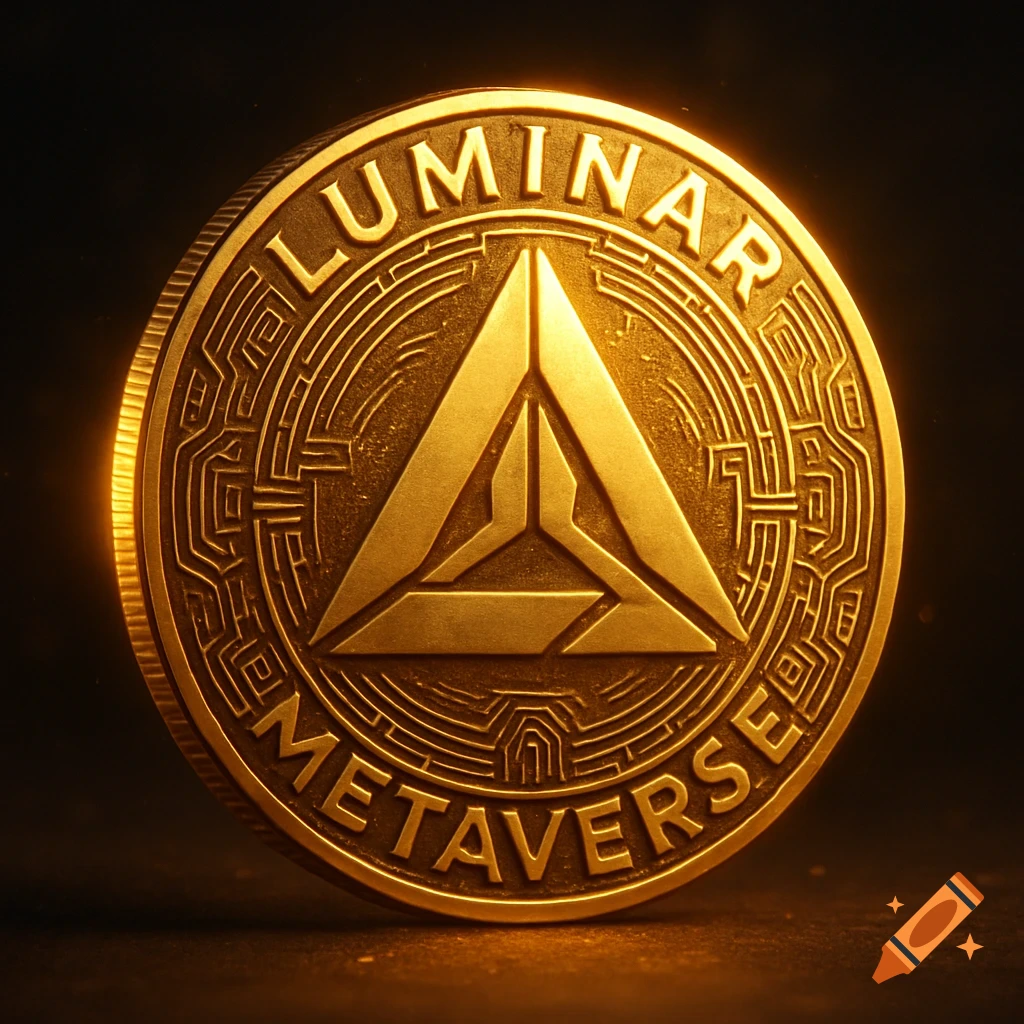 A golden coin with LUMINAR and METAVERSE text around a central symbol.