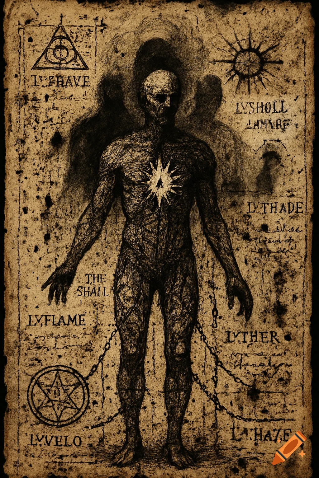 Pen and ink drawing of a stylized anatomical figure with symbols and text on aged paper.