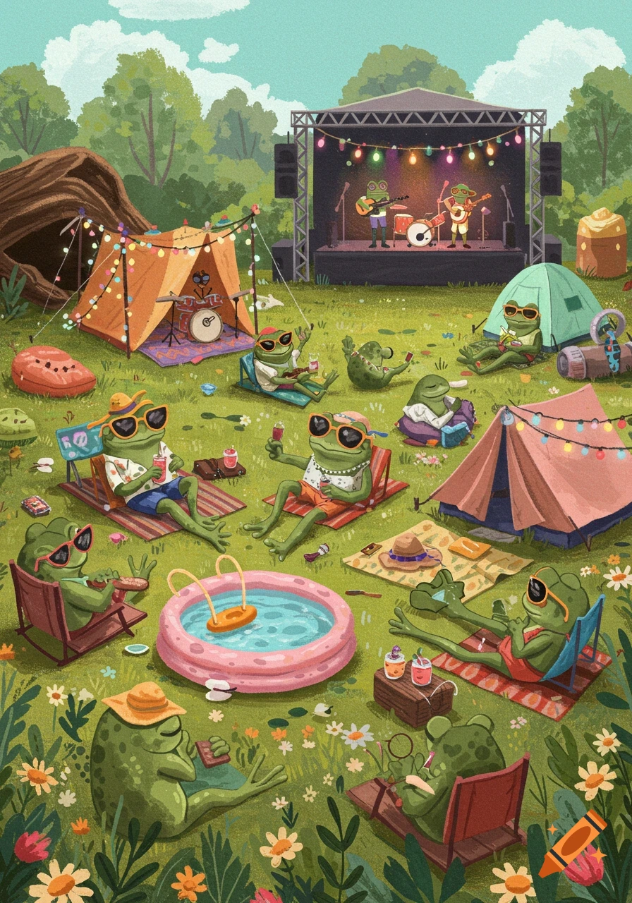 Illustrative scene of frogs relaxing at an outdoor music festival with tents and a stage.