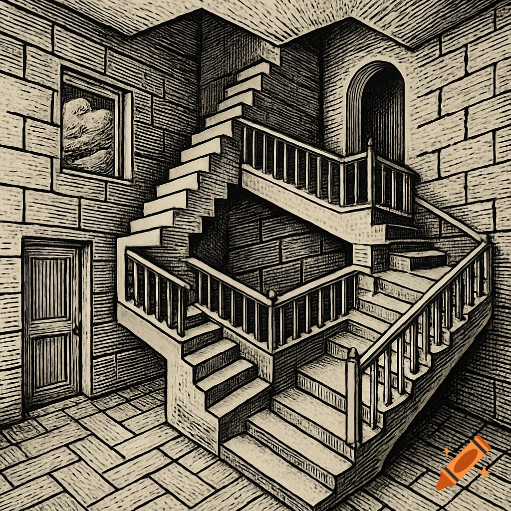 An illustration of an impossible staircase in an etching style.